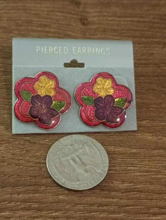 Red Pink Floral Enamel Stud Earrings Statement Retro Bold Flower Earrings Cute - Picture 4 of 5